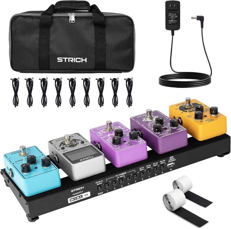 STRICH Guitar Pedal Board with Built-in Power Supply, Small Pedal Board 15 x 5.1" 1.3LB Lightweight Aluminum Alloy, PedalBoard with Pedal Cables, Bag, Hook Loop Strips PB-M15 - Image 1